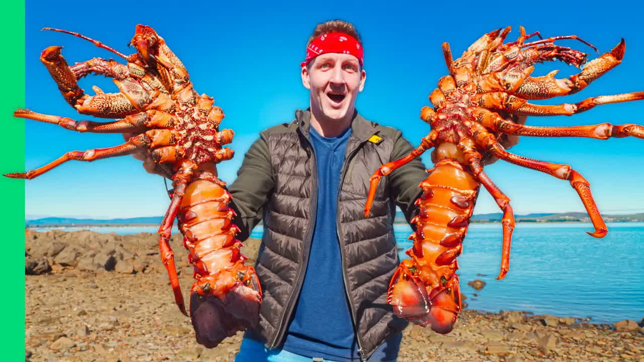 Splitting open a massive rock lobster fresh off the boat