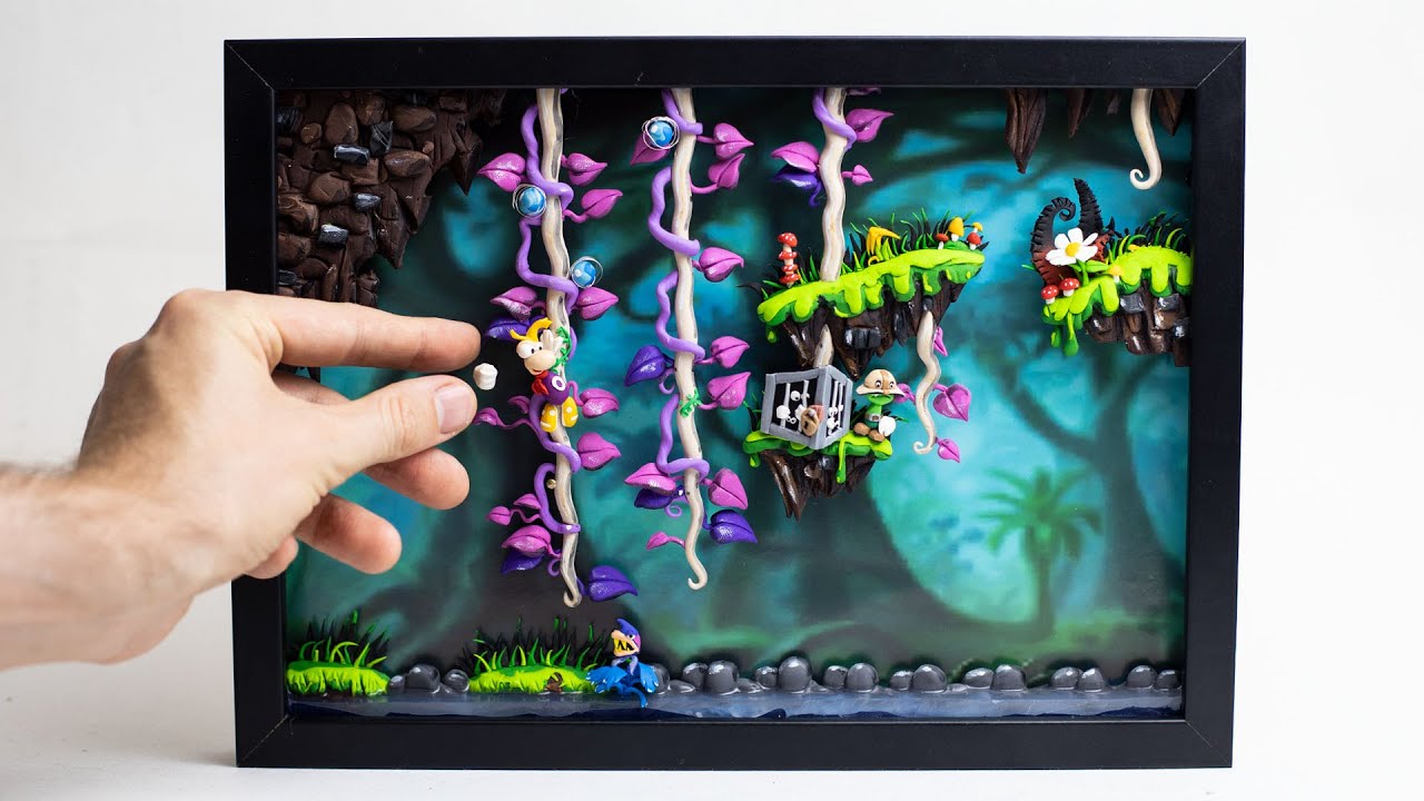 Playing Rayman on my Clay-Station (polymer clay in a frame)