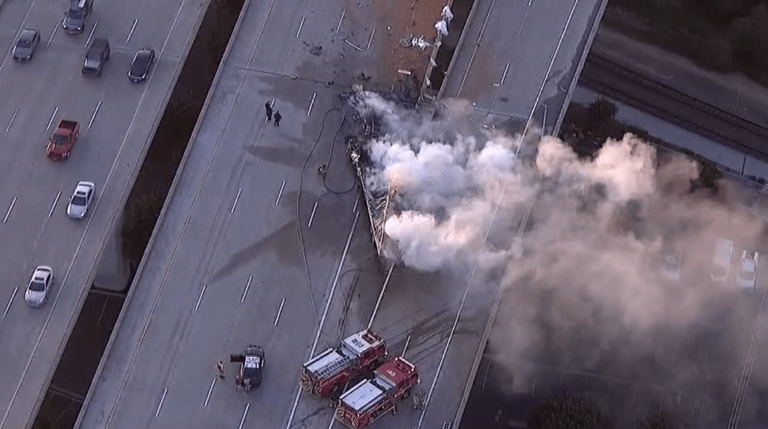 Semi truck crashes, bursts into flames on I-805 in San Diego