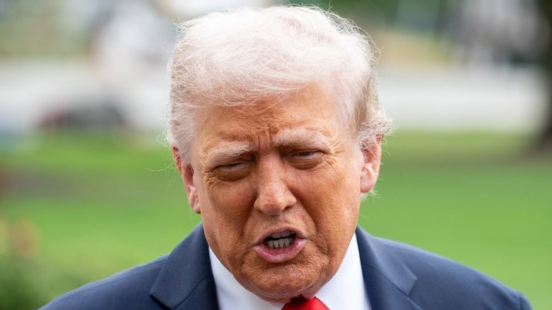 President Donald Trump speaking outdoors.