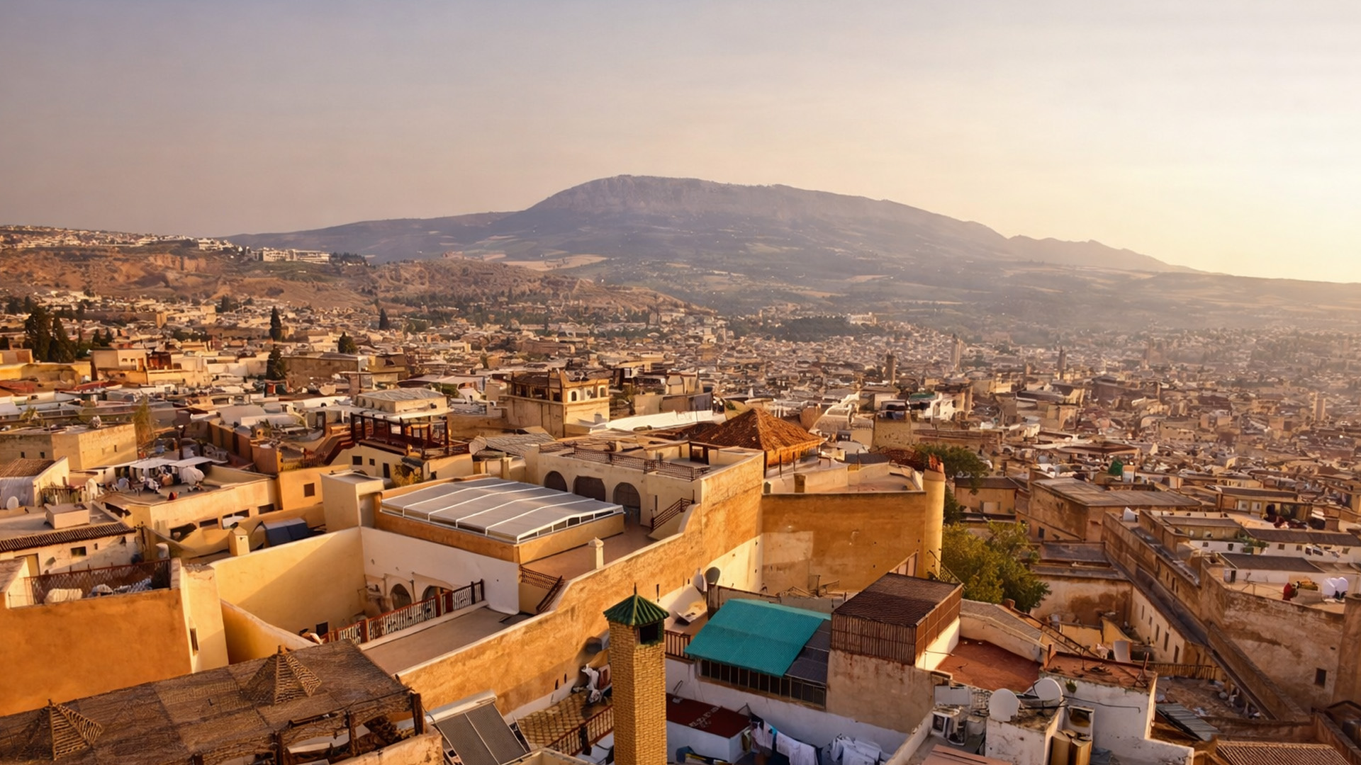 Fez city golden rooftops and timeless medina at sunset