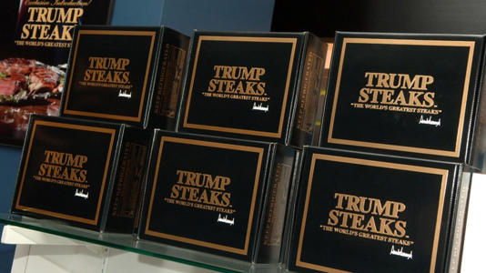 Boxes of Trump steaks on display at The Sharper Image during the product's short run in the 2000s.