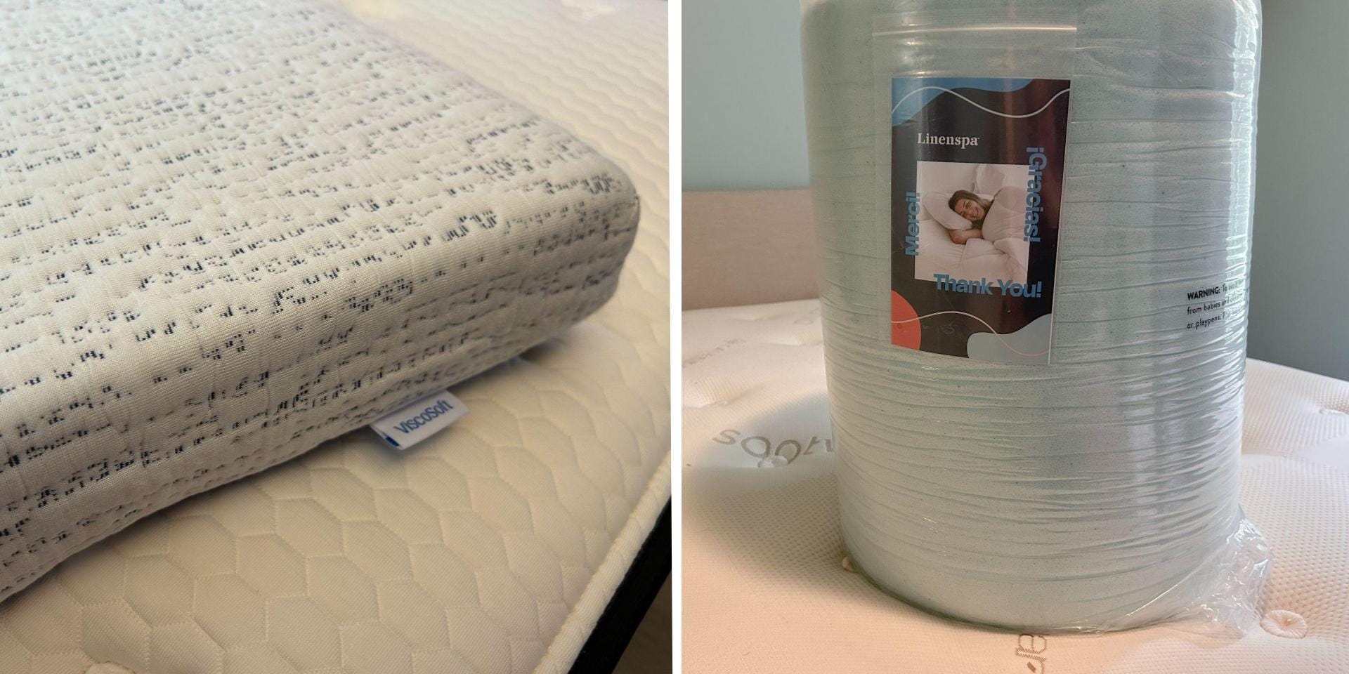 A side by side of a Viscosoft mattress topper on a bed and a rolled up Linenspa mattress topper on a bed.