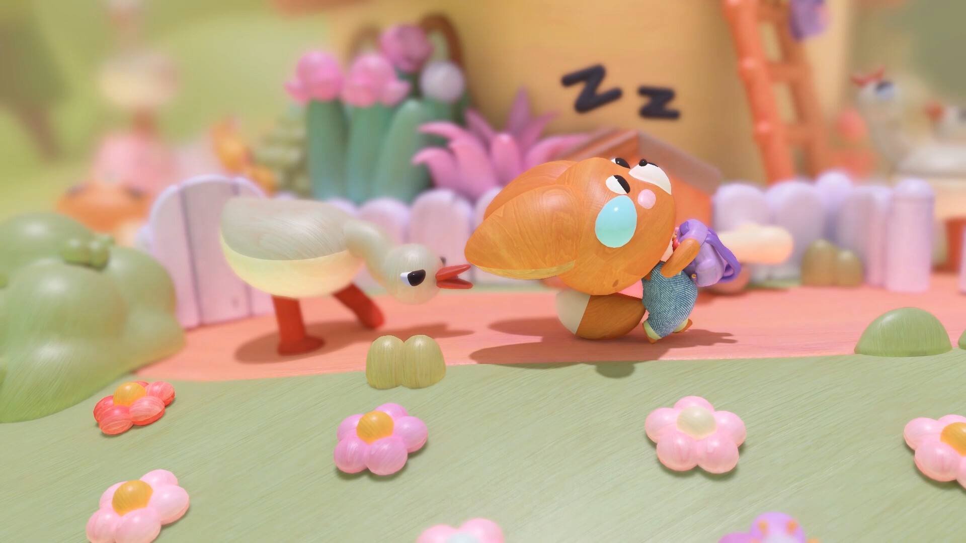 In cozy puzzle game Woodo, a 3D colorful scene made of wood shows a goose chasing after a little fox across a flowery field