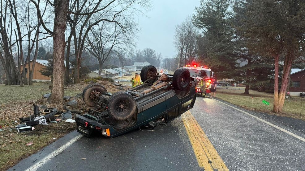 Driver uninjured after icy crash leaves car on roof in Lancaster County