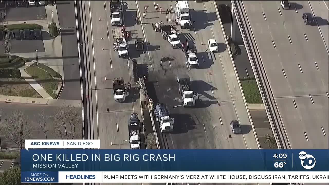 Big rig crashes, bursts into flames on I-805 in Mission Valley; 1 ...