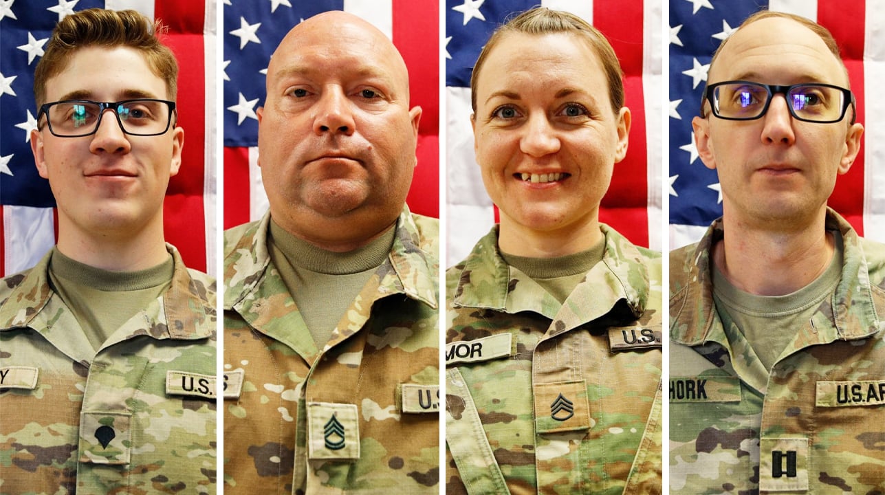 (L to R) Sgt. Declan J. Coady, Sgt. 1st Class Noah L. Tietjens, Sgt. 1st Class Nicole Amor and Capt. Cody Khork were killed March 1, 2026, at the Port of Shuaiba, Kuwait during a drone attack. / U.S. Army