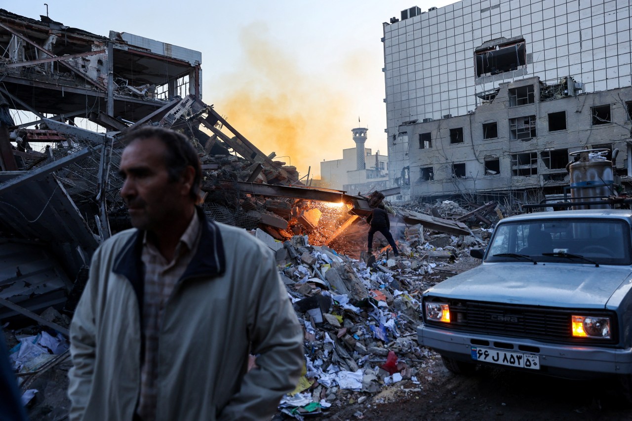Wreckage following an Israeli and U.S. strike on a police station in Tehran on Monday.