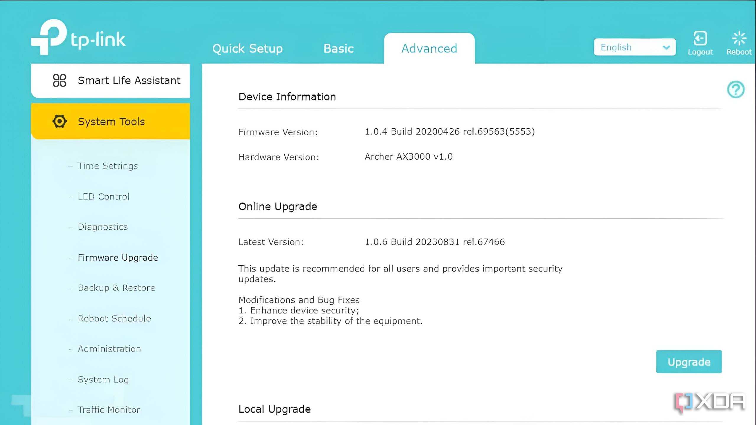 Firmware upgrade in a TP-Link router's settings.