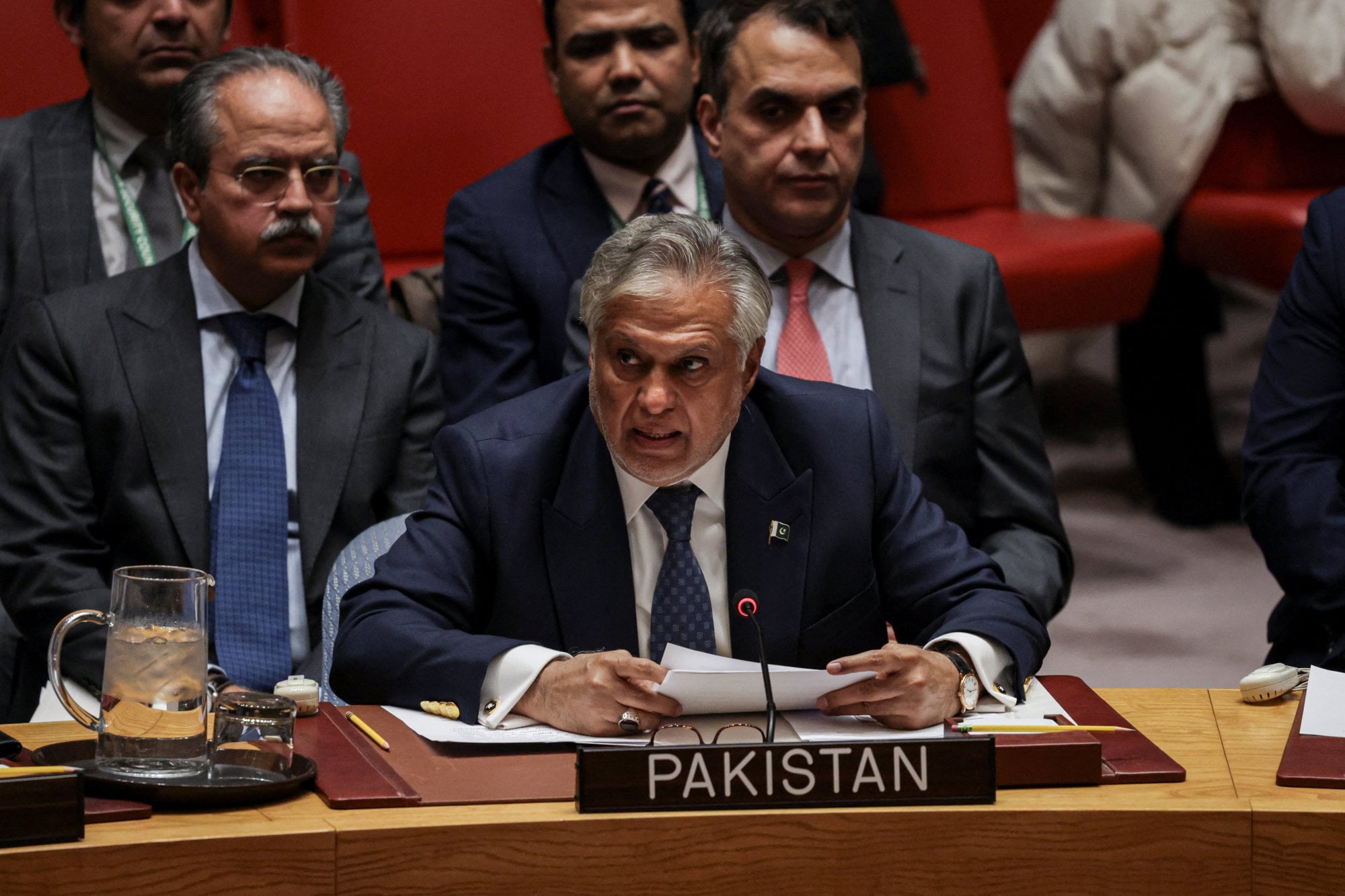 Pakistani Deputy Prime Minister and Minister for Foreign Affairs Ishaq Dar addresses the UN Security Council in New York on February 18. Photo: Reuters