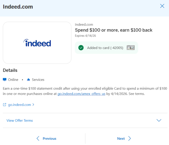 Spend $100, get $100 back with new Amex offer for Indeed [targeted]