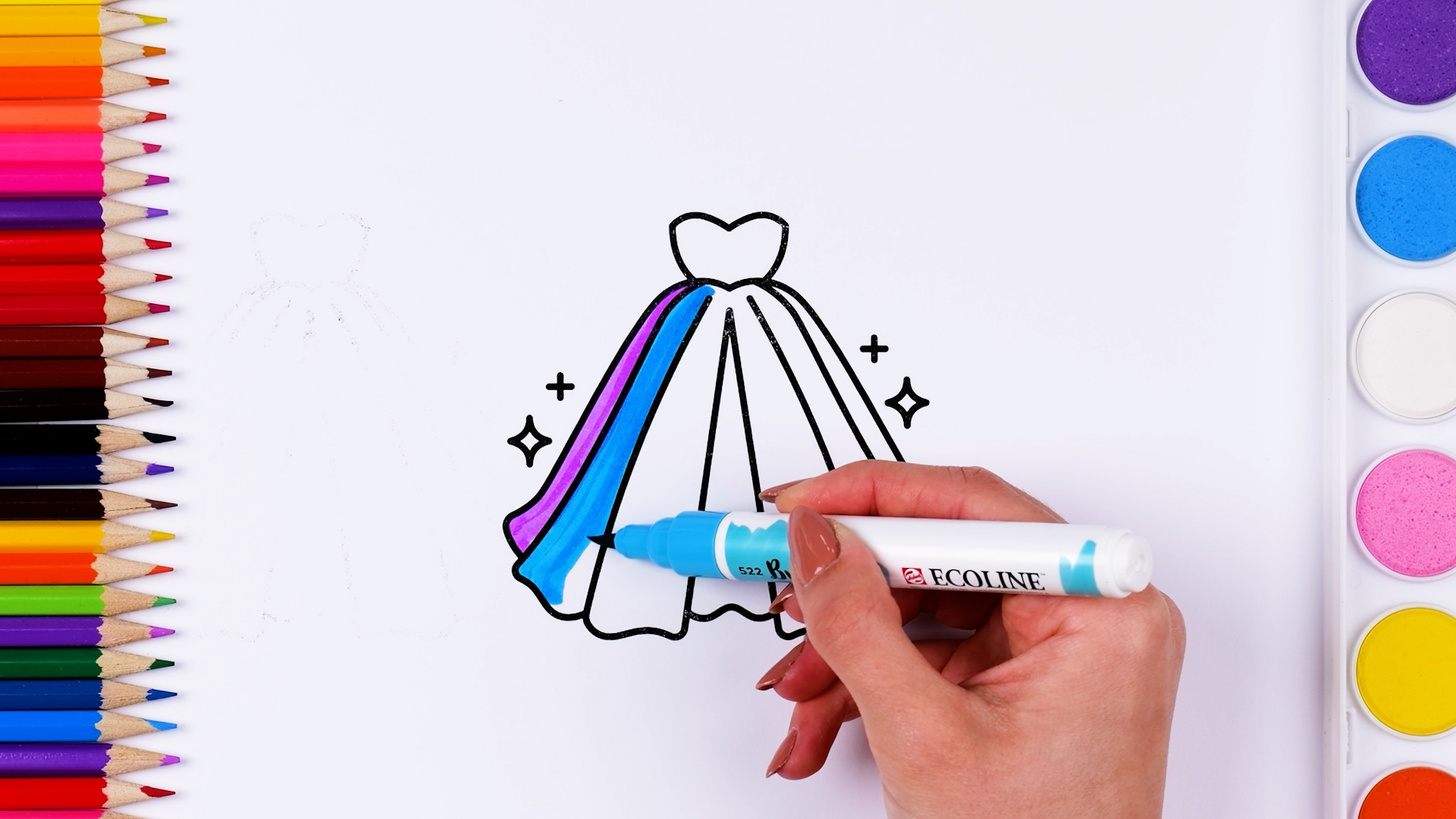 Beautiful dress drawing | Coloring in together
