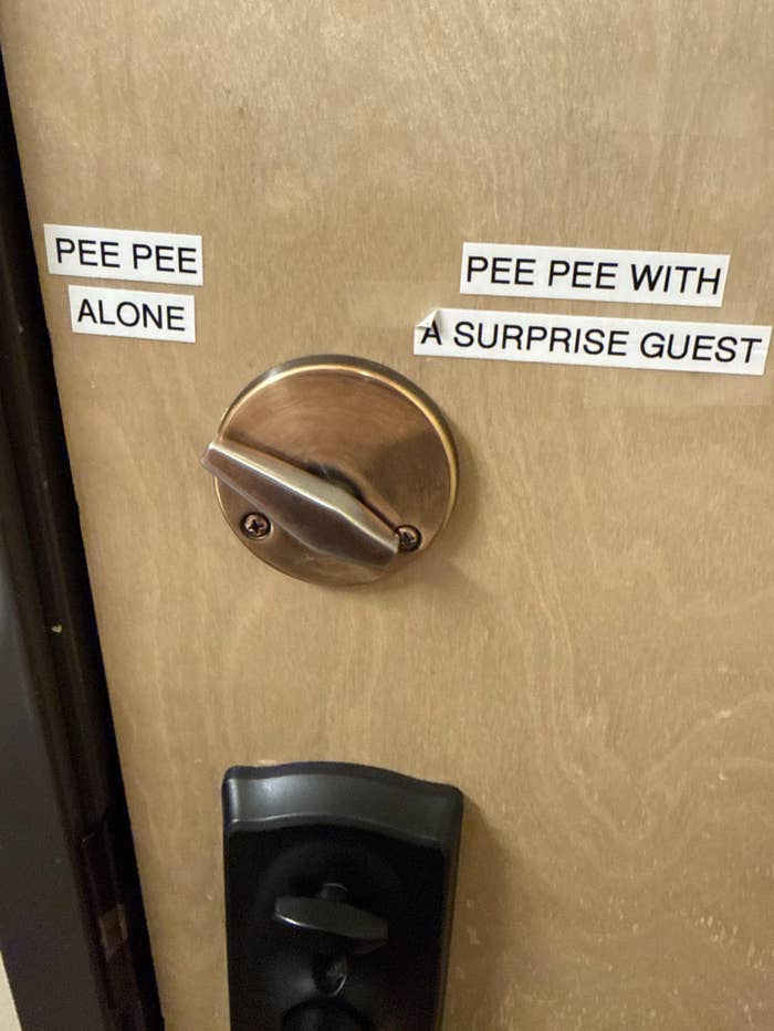 Door sign reads: "Pee Pee Alone" or "Pee Pee with a Surprise Guest" with a lock toggle to choose privacy options
