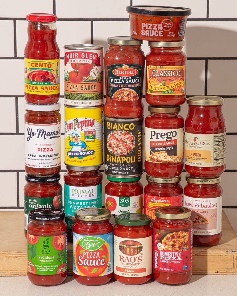 Various brands of pizza sauce jars arranged in a stacked fashion