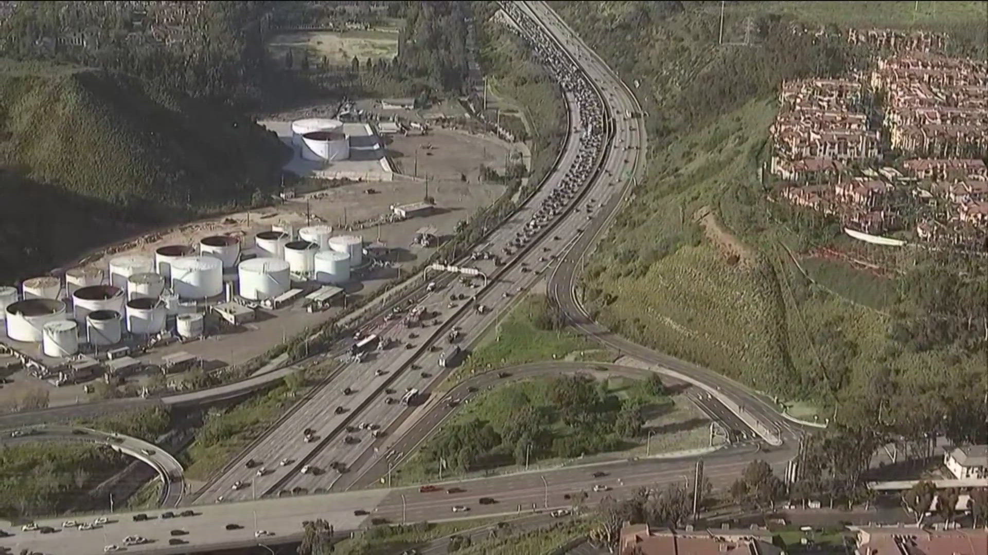 Overturned truck snarls traffic near Snapdragon Stadium in Mission Valley