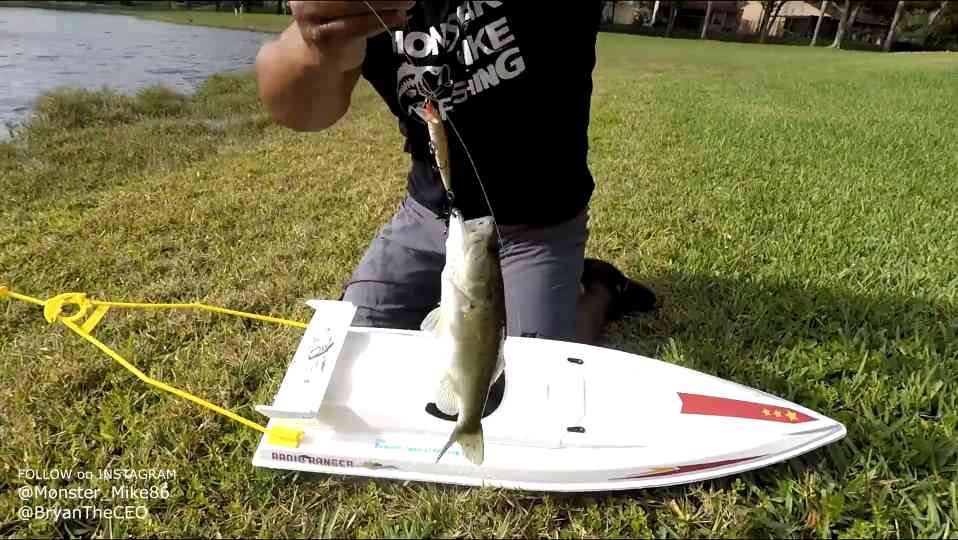 This RC boat was trolling real fishing lures