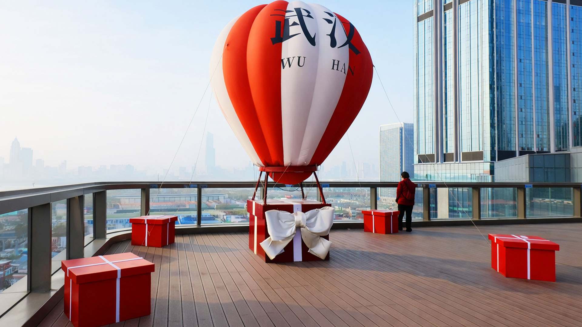 A hot air balloon display on a China rooftop