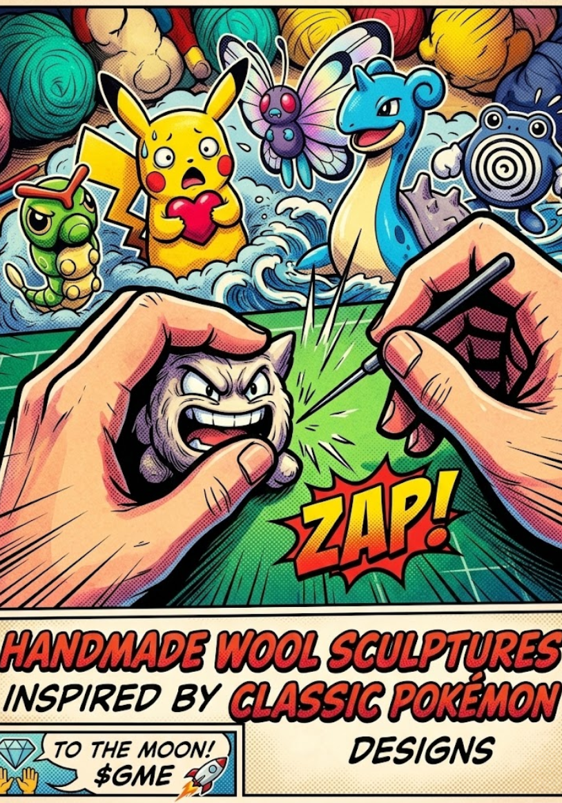 Handmade wool sculptures inspired by classic Pokémon designs