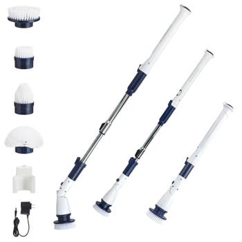 Electric cleaning brush set with several attachments, extendable handle, and charging accessories. Ideal for efficient cleaning tasks