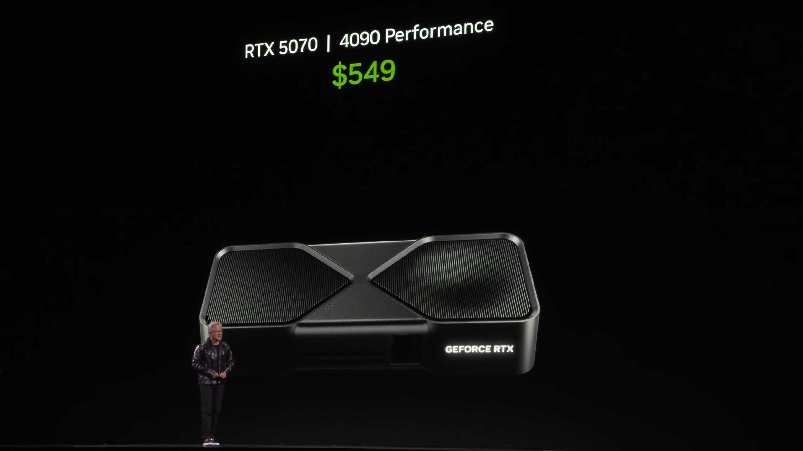 Nvidia CEO Jensen Huang advertising the RTX 4070 as a 5090-performant card at CES 2025.