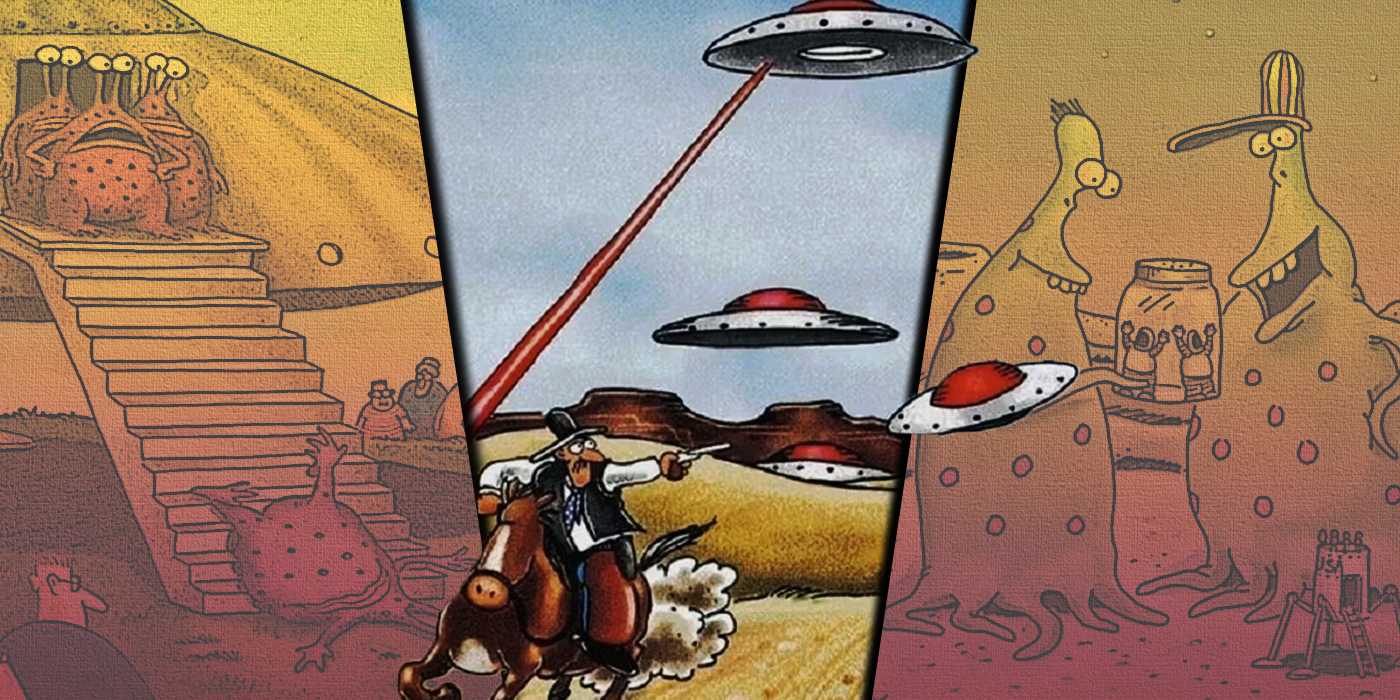 Split image of The Far Side comics featuring aliens, astronauts and cowboys