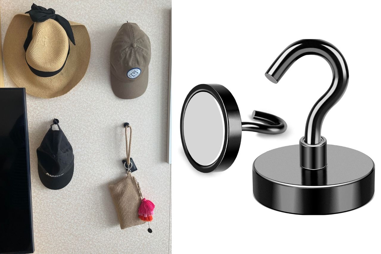 Magnetic hooks holding hats and a bag on a wall product detail of a magnetic hook shown separately
