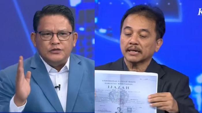 BERDEBAT - Roy Suryo (kanan) berdebat dengan Rivai Kusumanegara (kiri) terkait klaim penelitian akademik yang dilakukan tersangka ijazah Jokowi. (Kompas TV)