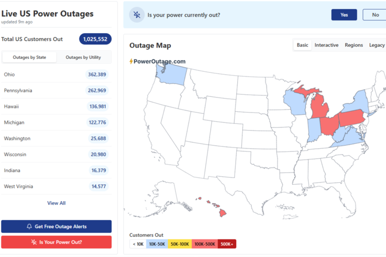 US power outage map shows 1 million hit across 10 states