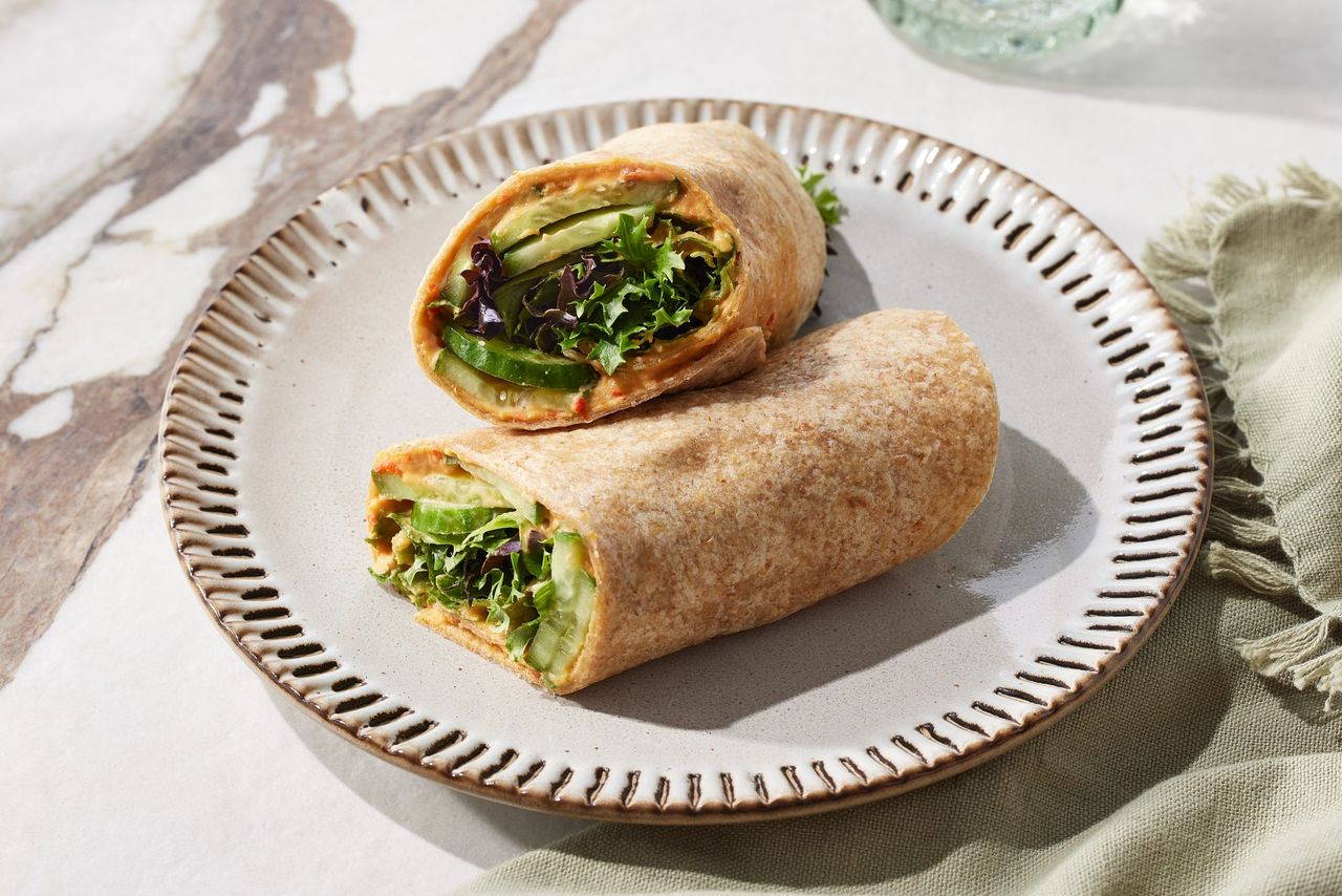 a recipe photo of the Cucumber and Roasted Red Pepper Hummus