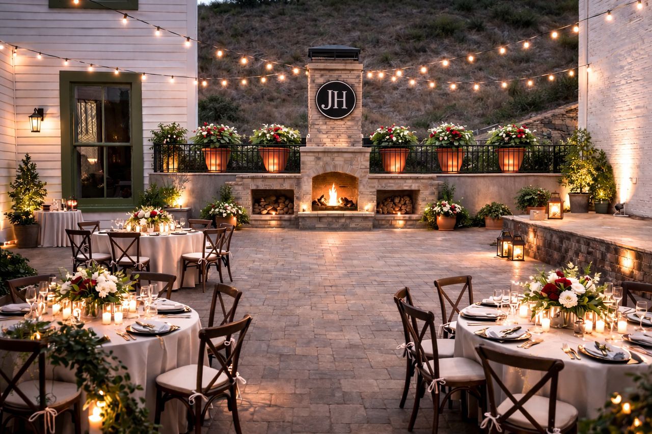 An elegant outdoor evening setup with round tables floral centerpieces and string lights in front of a fireplace with a monogram