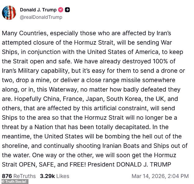 Trump appeals for UK to send ships to Strait of Hormuz to help unlock it