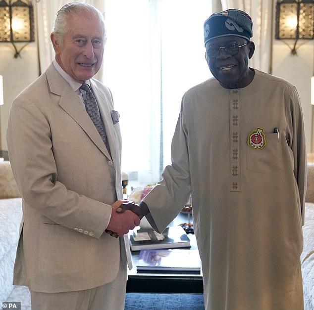 King Charles and President of Nigeria Bola Ahmed Tinubu held a meeting in a hotel in Dubai, as they attended the Cop28 summit in 2023