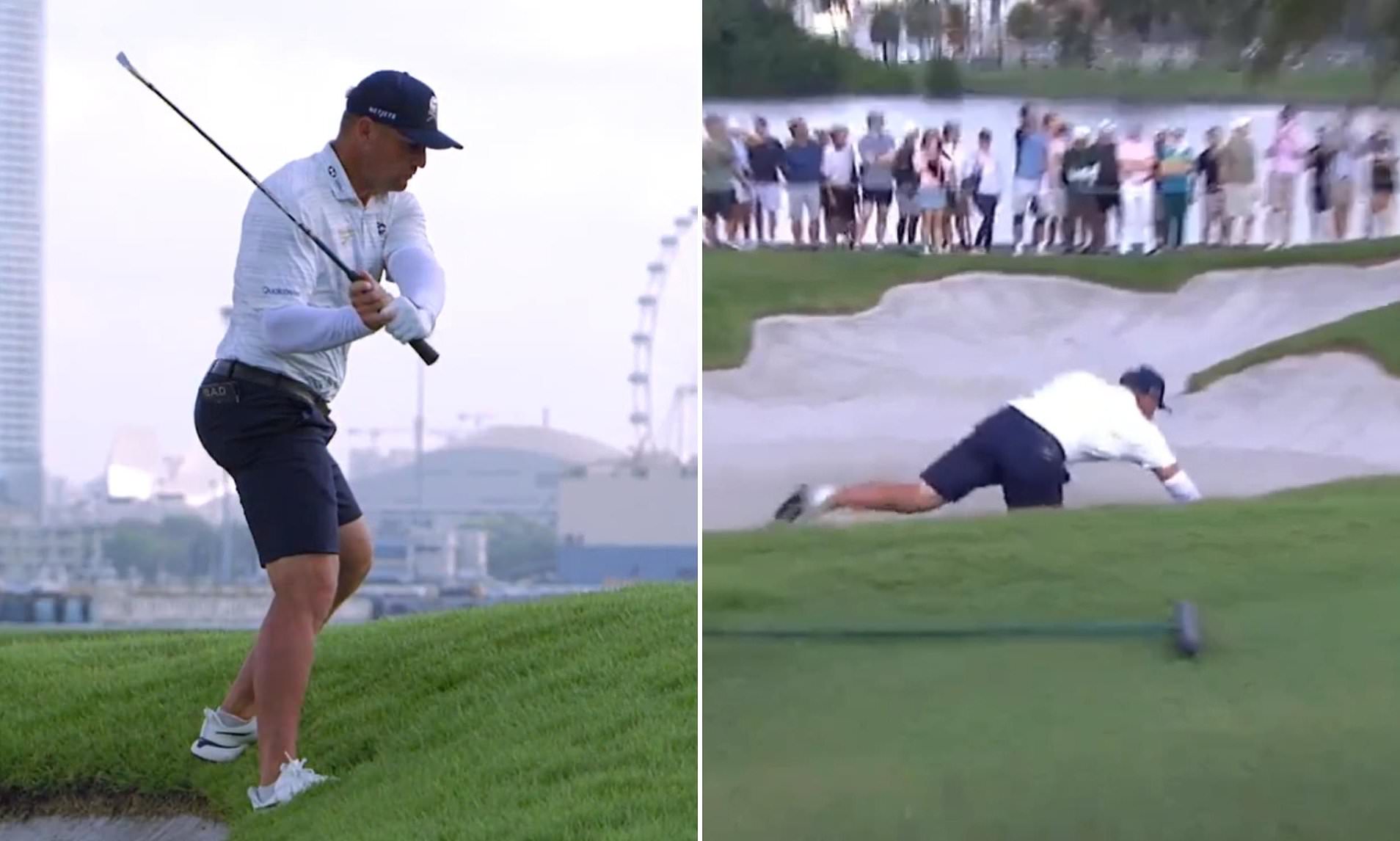 Golf star Bryson DeChambeau suffers embarrassing fall into a bunker ...