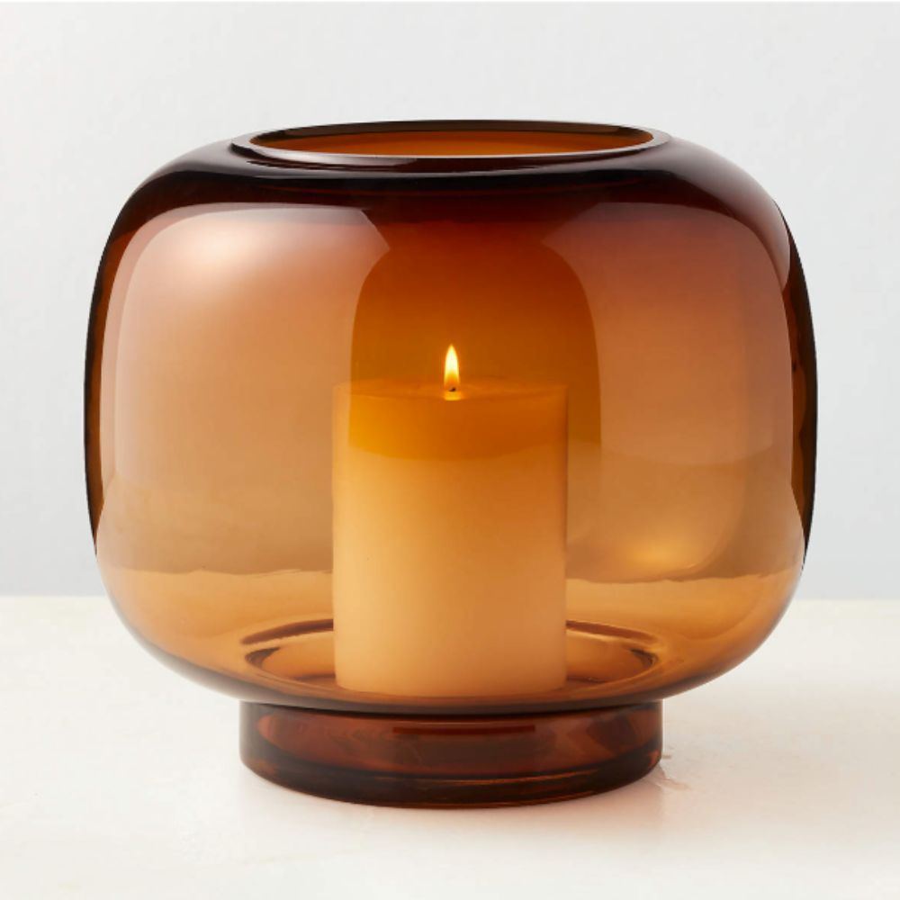 Amber glass hurricane candle holder
