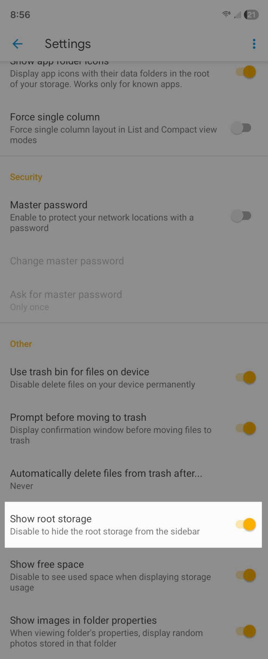 Toggle to show root storage in Solid Explorer. 