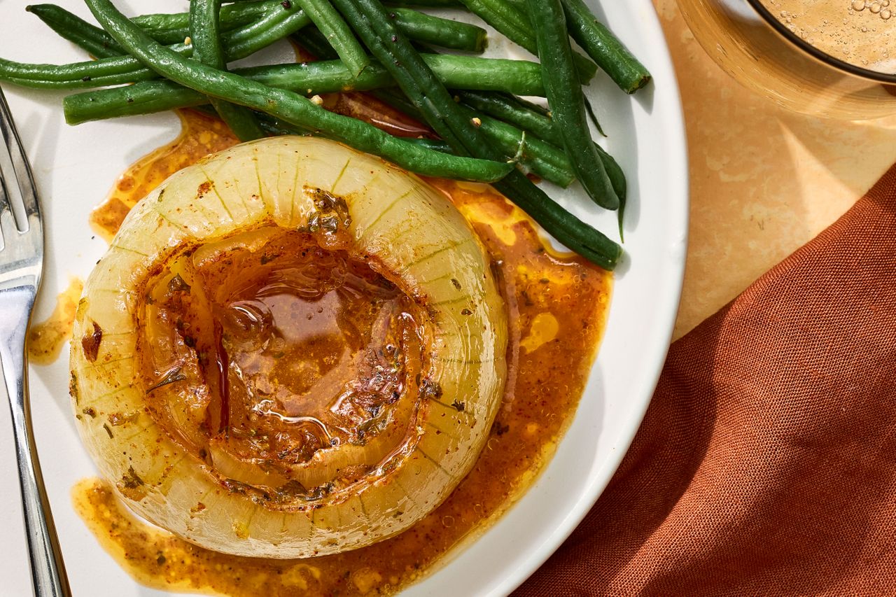 Southern Living Onion Boil on a plate to serve with green beans