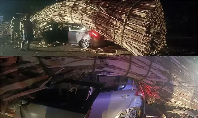 Chikkamagaluru: Heavy timber load falls on car; three survive