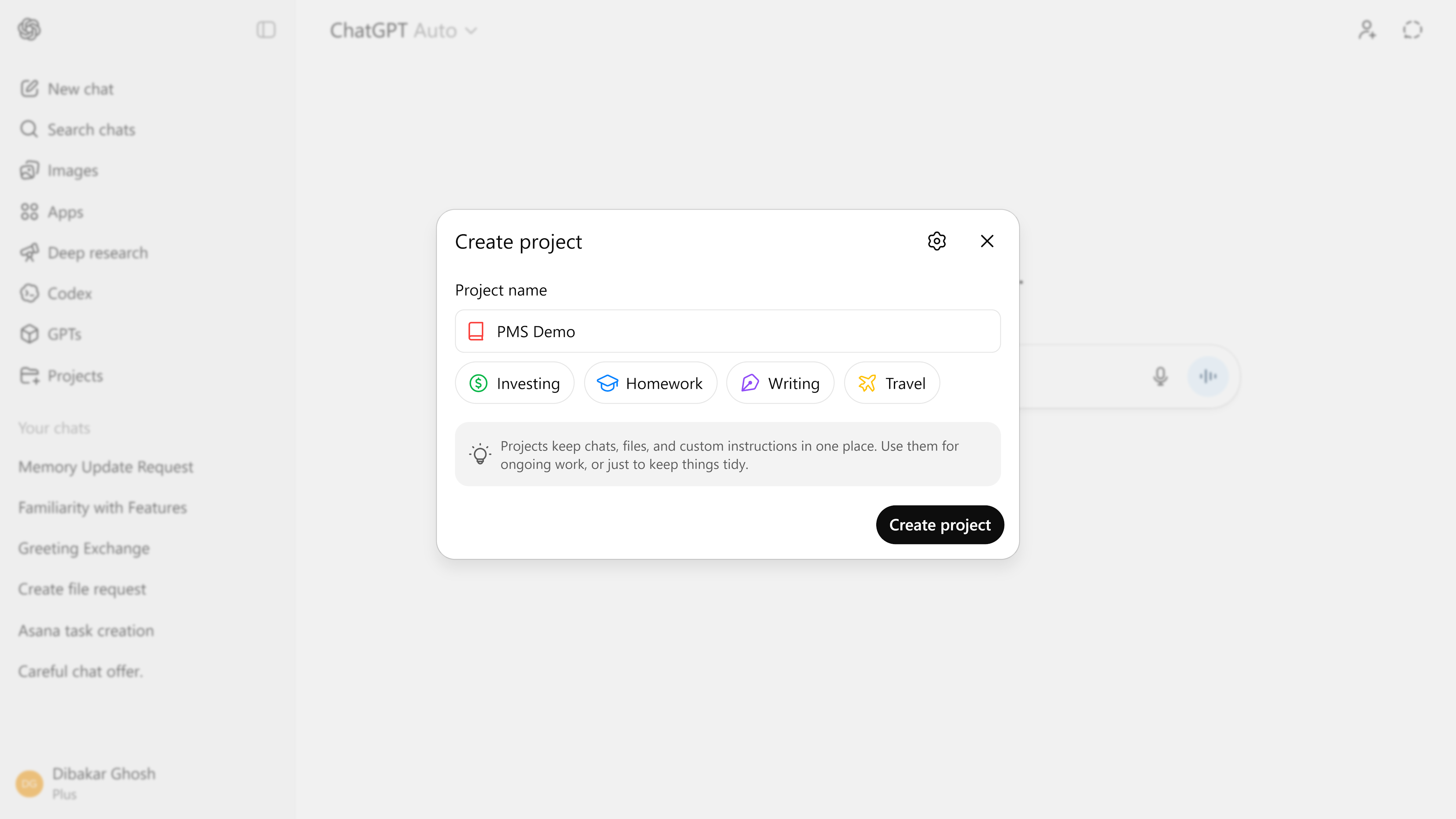 Creating a new Project inside of ChatGPT titled PMS demo.