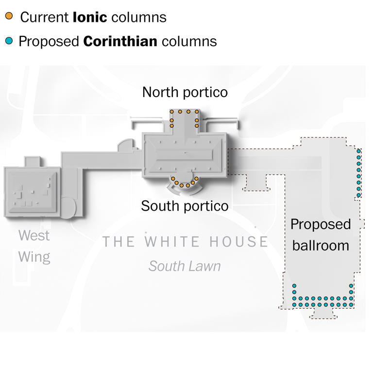 Appointee wants to replace White House columns with the ones Trump prefers