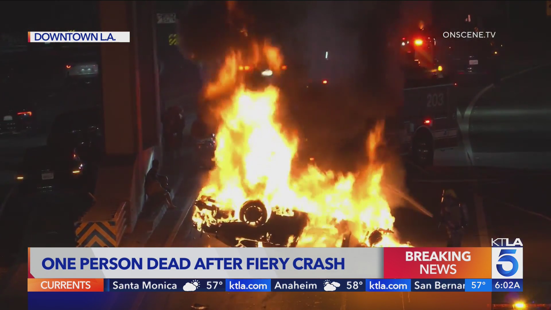 Fiery multi-car crash leaves person dead in downtown Los Angeles