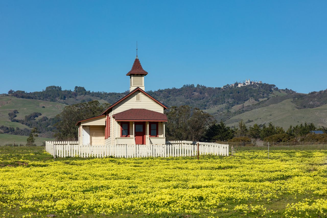 Small isolated chapel with a steeple in a field of blooming flowers surrounded by hills in the background