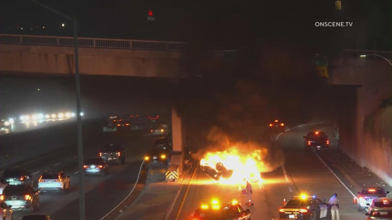 Fiery multi-car crash leaves person dead in downtown Los Angeles