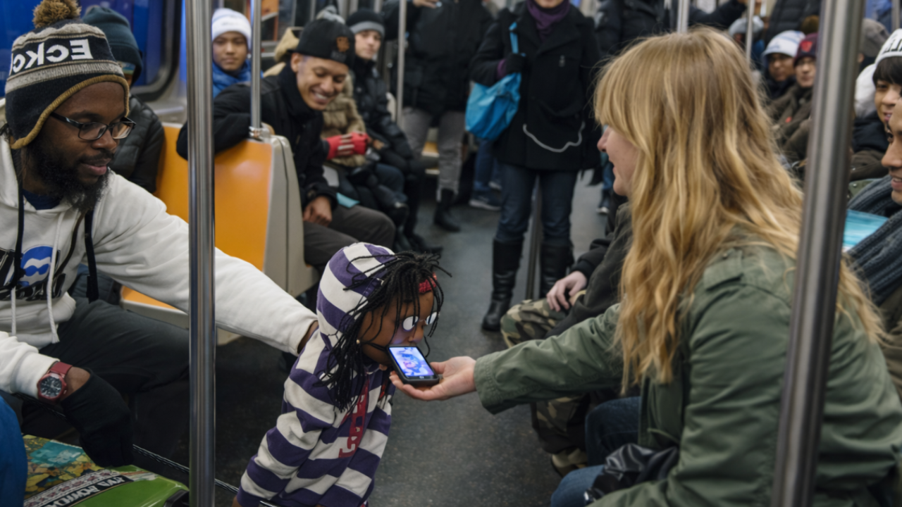 Subway prank with a puppet picking up girls