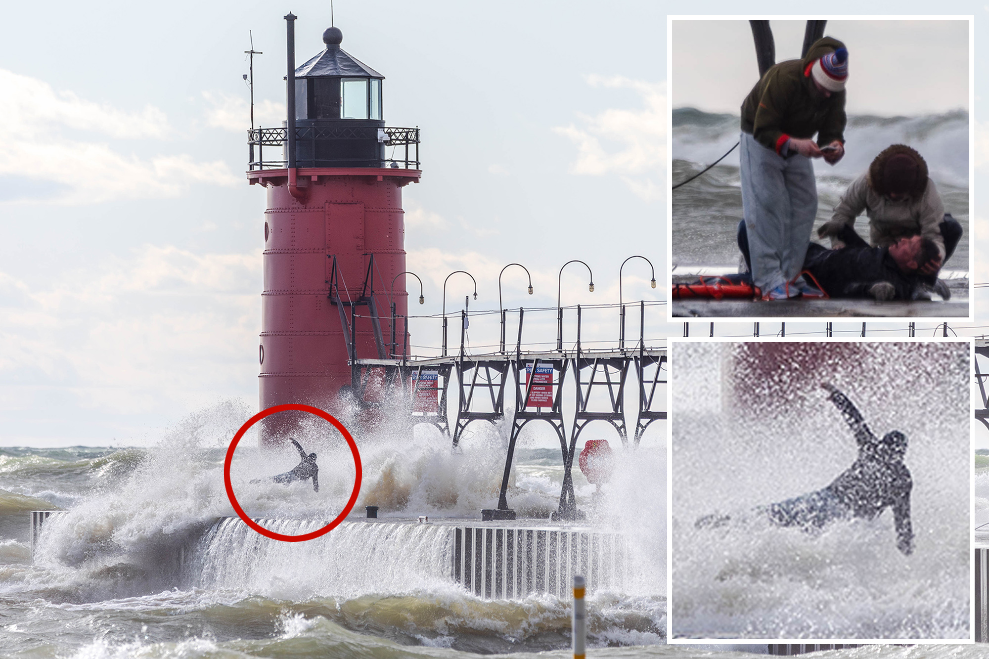 Heart-stopping photos show huge wave sweep man off Lake Michigan pier<br><br>