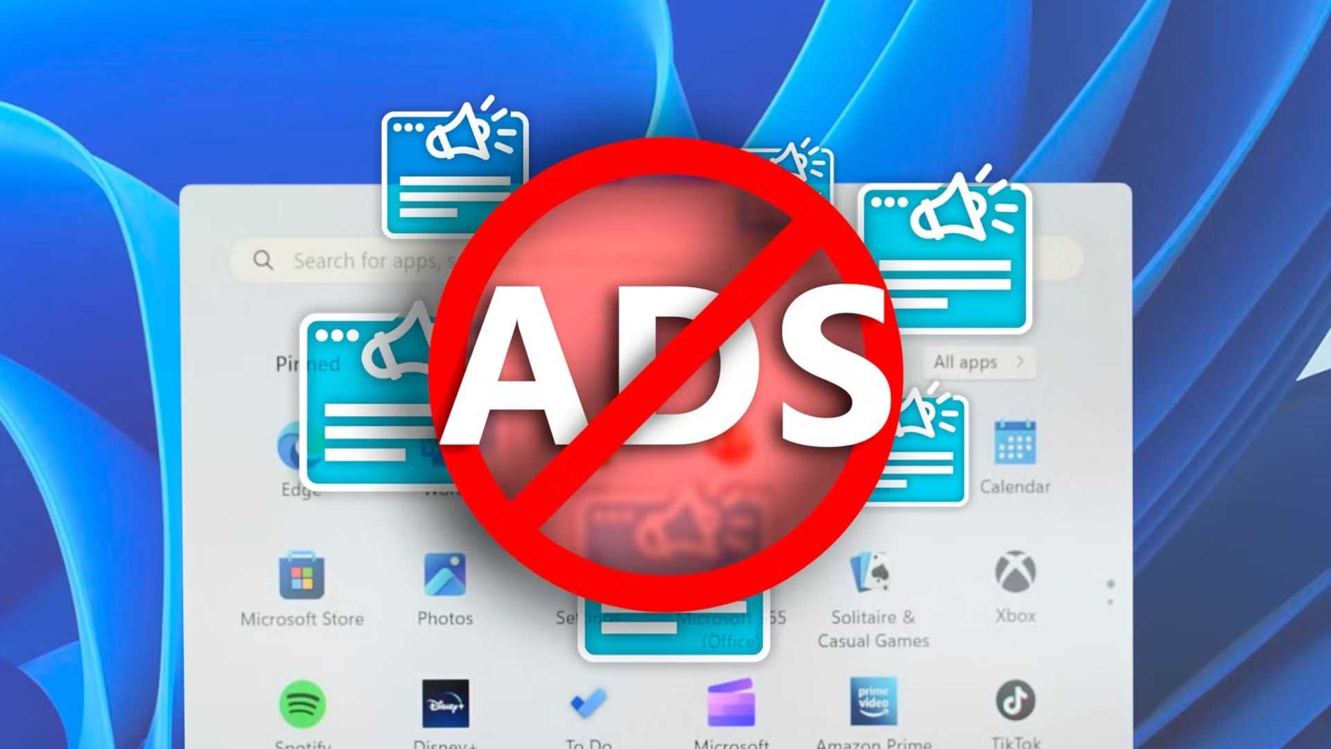 Windows 11 start menu with some ad icons and a block icon.