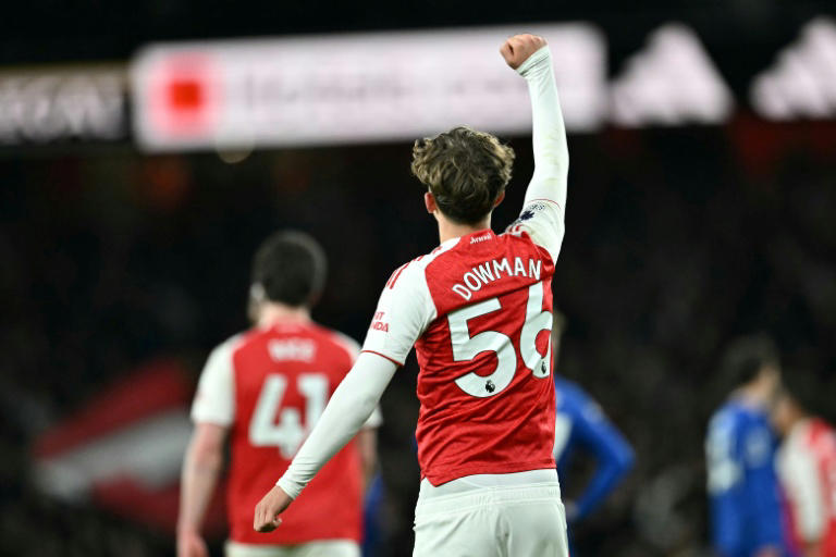 Arsenal midfielder Max Dowman celebrates scoring against Everton