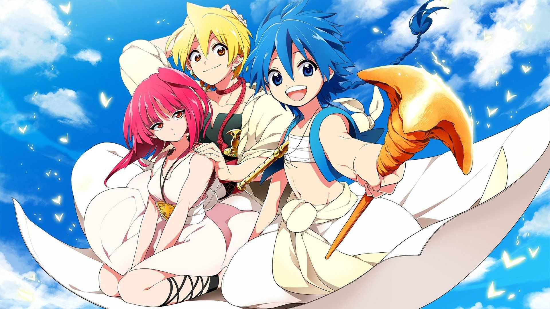Aladdin, Alibaba and Morgiana on a magic carpet in Magi The Labyrinth of Magic