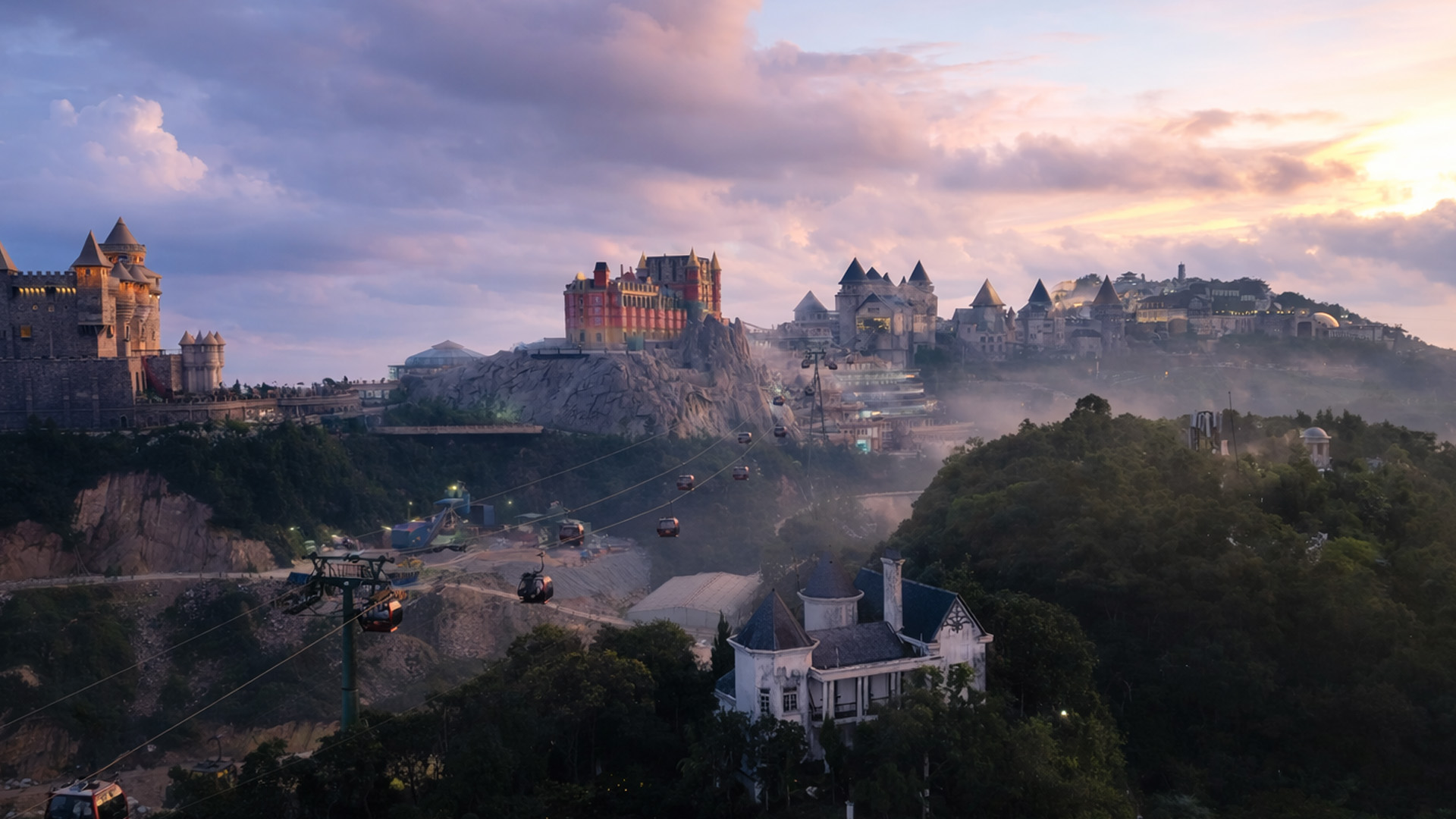 Cable cars lead to a mountain castle town