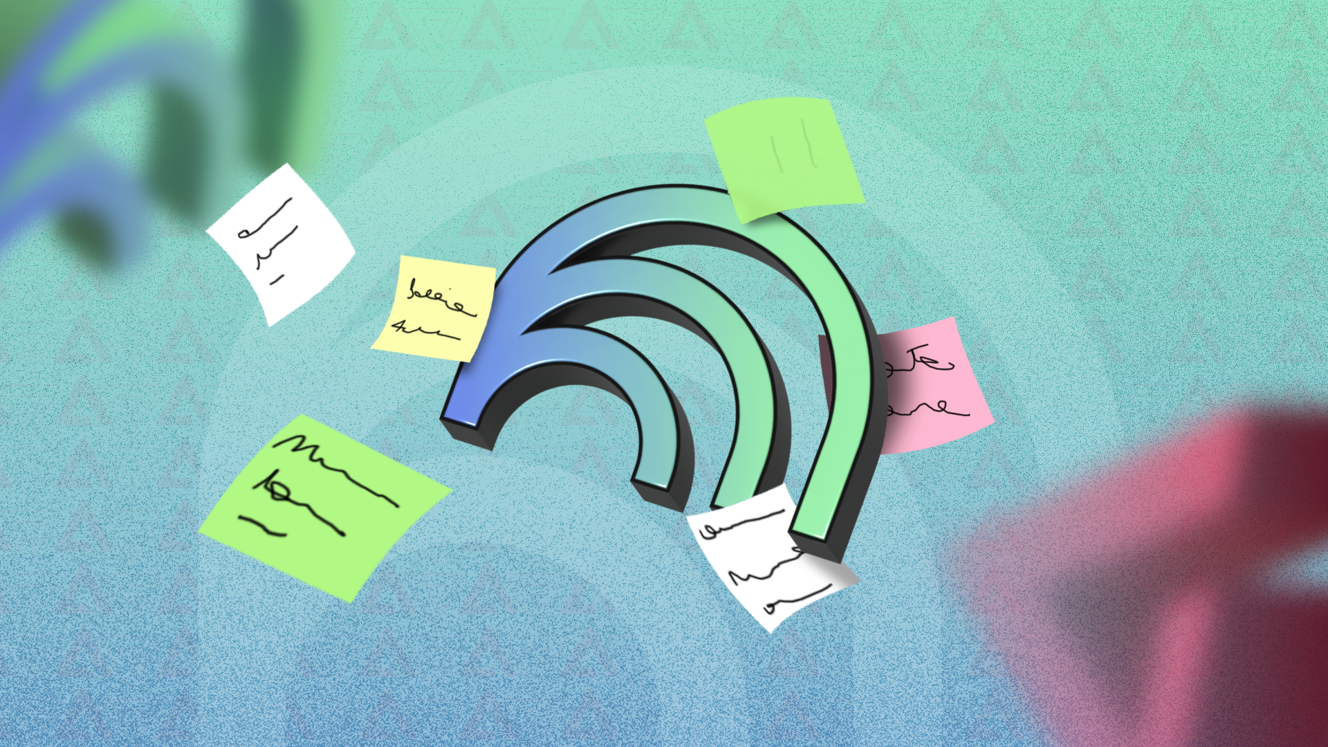 NotebookLM logo surrounded by floating messy sticky notes and paper scraps.