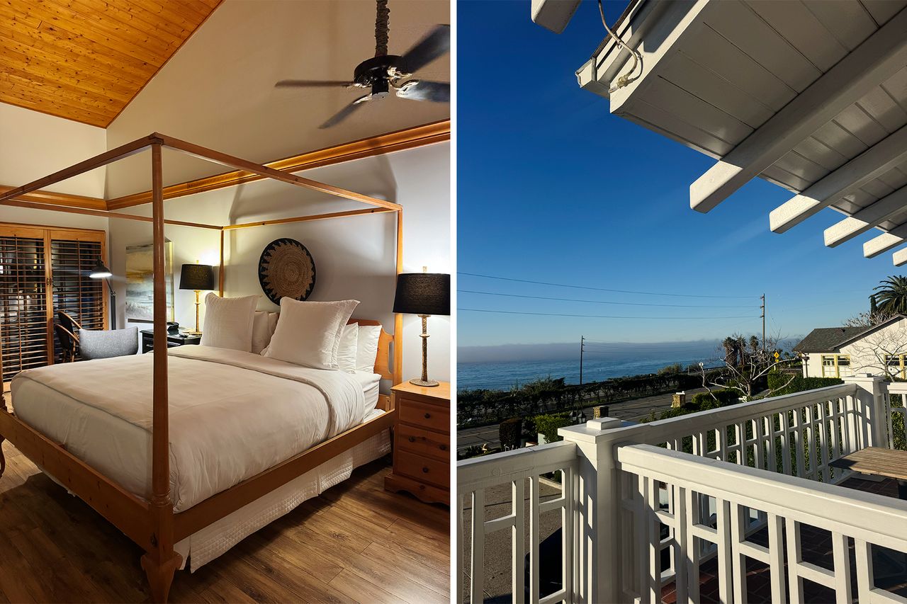 Interior of a bedroom with a fourposter bed adjacent outdoor view of a porch and ocean in the distance